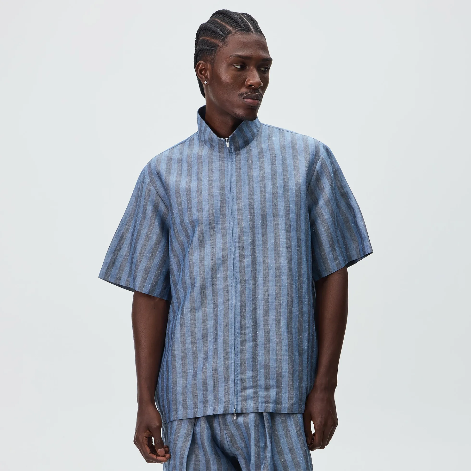 Kith Spun Silk Linen Stripe Colton Zip Front Shirt